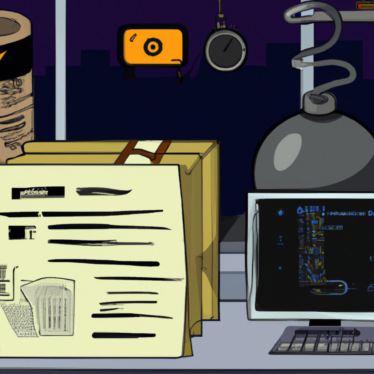 Ein illustriertes Arbeitszimmer bei Nacht mit einem orange leuchtenden Radio, Kopfhörern, einer Spirallampe, einer großen Flasche, einem Computer mit blauem technischen Bildschirm und einem gelben Notizblock mit Skizzen und Text.